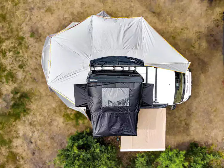 aerial view of a pick-up with a Awning freestanding unfolded on it