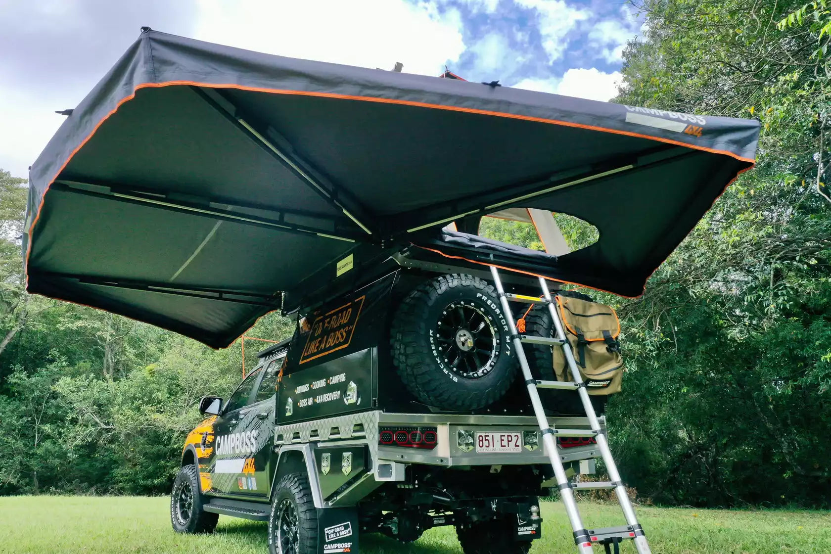 Awning unfolded freestanding with space to climb into the tent