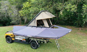 Self-supporting awning with ladder for climbing into the roof tent