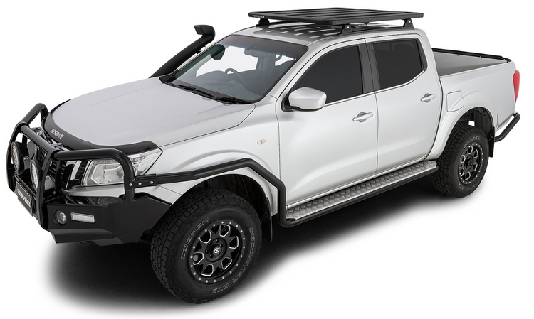 White Nissan Navara with snorkel, roof rack and bumper