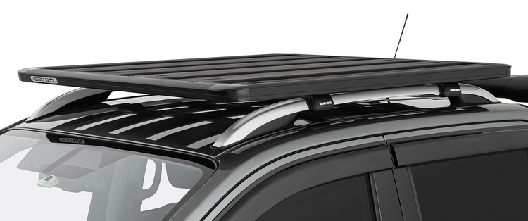 black roof rack mounted on vehicle's original roof bars