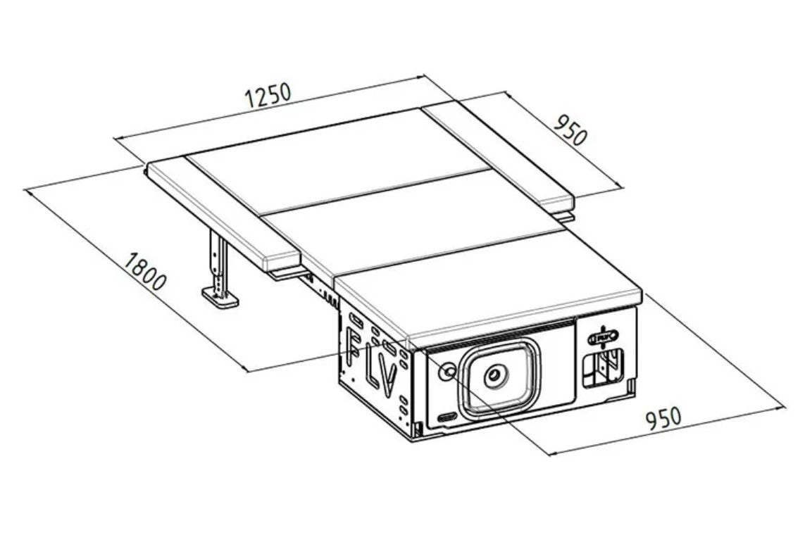 Schematic and black and white layout of an SUV and its open dimensions