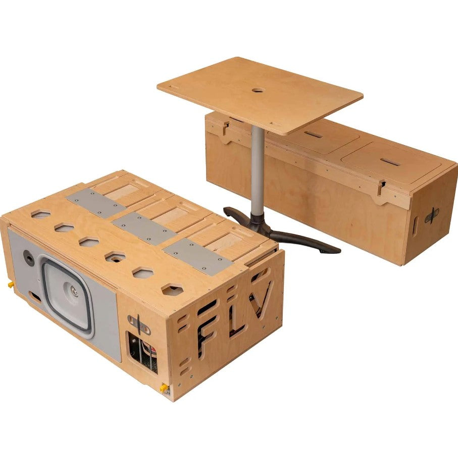 FLV layout box with table and wooden pedestal