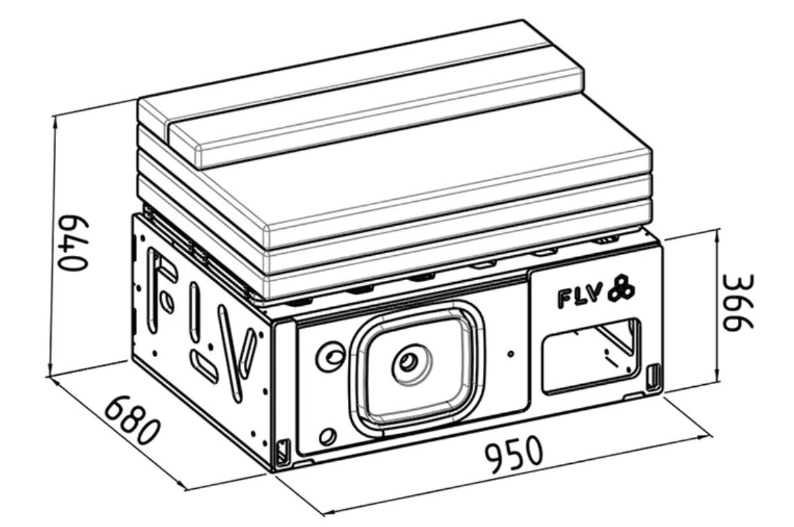 diagram with dimensions of a wooden box and a folded black-and-white mattress