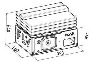 diagram with dimensions of a wooden box and a folded black-and-white mattress