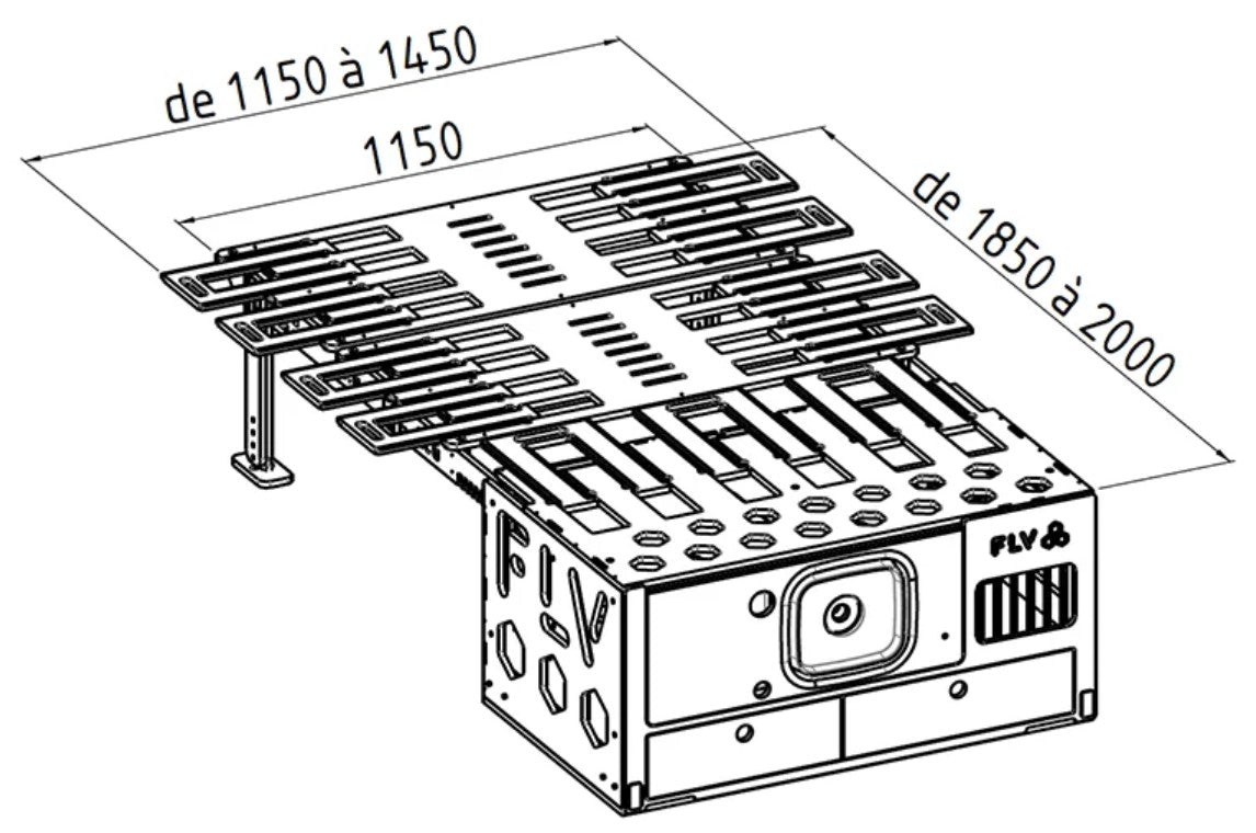 Wooden box with FLV slatted frame folded out at the top in diagram