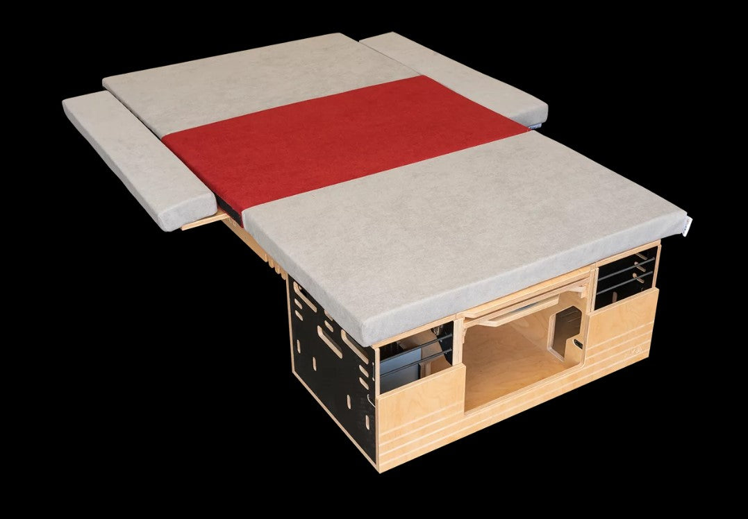 red and grey mattress on wooden box