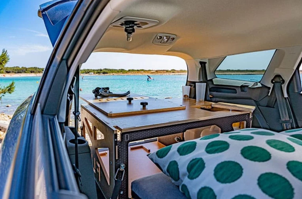 SUV interior with wood cabinet