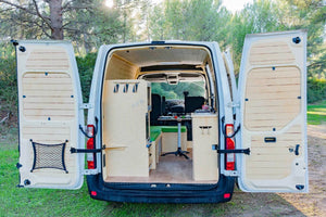 rear view of a large van with interior furnishings