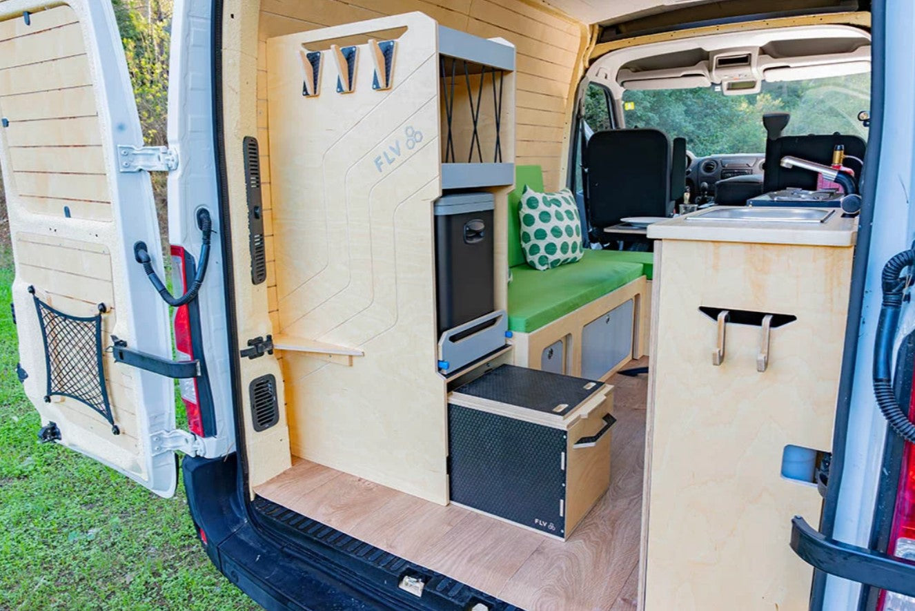 rear view of a white van with interior fittings