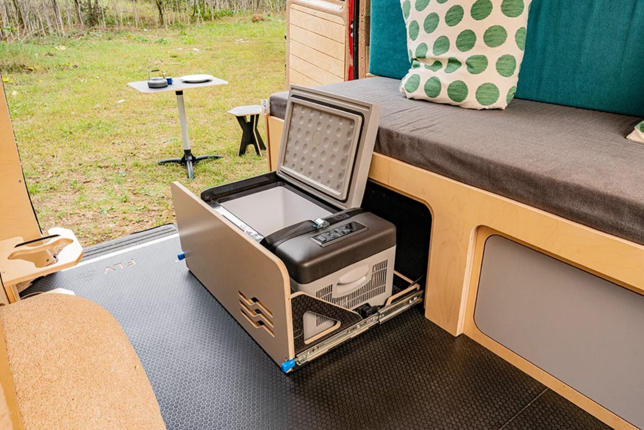 open refrigerator that stores under the bed