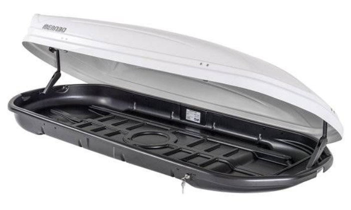 Menabo white roof box open with jack