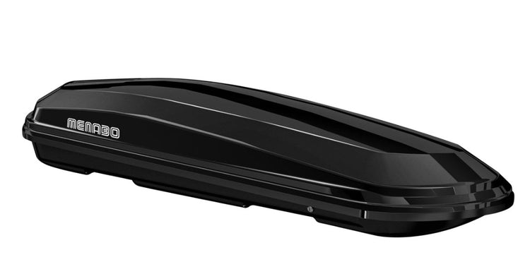 Menabo roof box, gloss black on white background