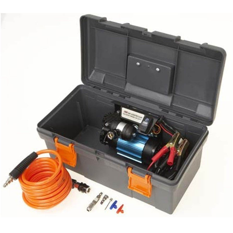 case with blue compressor and orange hose
