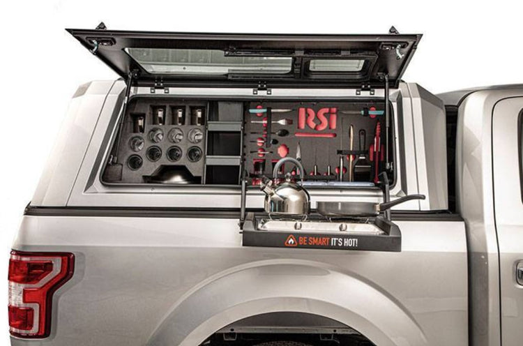 side view of a Canopy Hardtop on a pickup truck with a portable kitchen