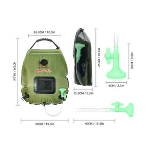 Dimensions of the various components of a green shower bag