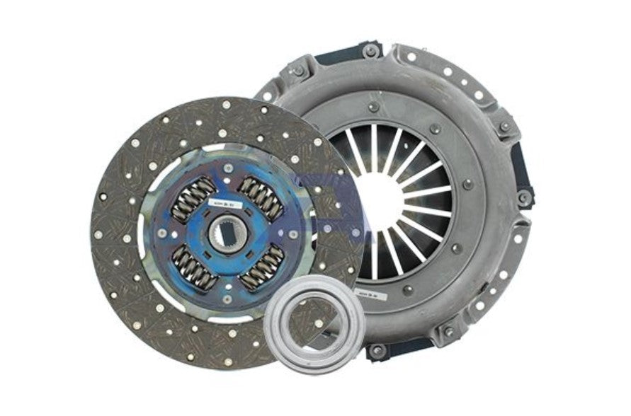 Grey and blue clutch with bearings shown on white background