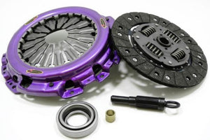 purple reinforced clutch with components on white background