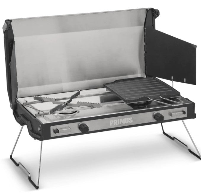 primus silver grill with black pan