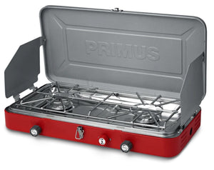 primus grey and red grill with two burners