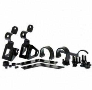 Black metal parts with two brackets on a white background