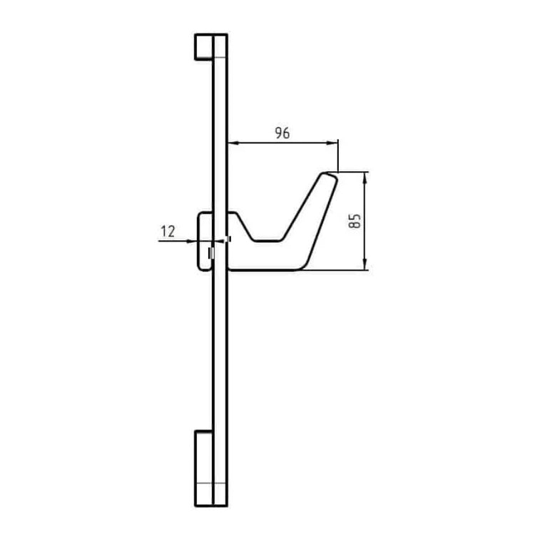 Dimensioned side view of a wall hook