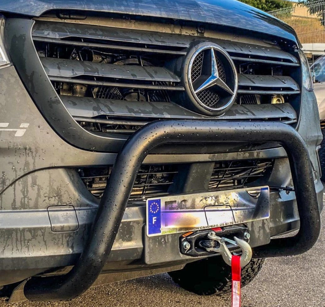 Front end of a Mercedes with black bull bar