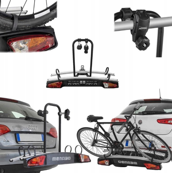 Various images of a Menabo bike rack sometimes mounted on a vehicle
