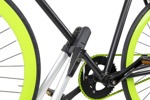 bike with green wheels hooked up by a Bike Rack key