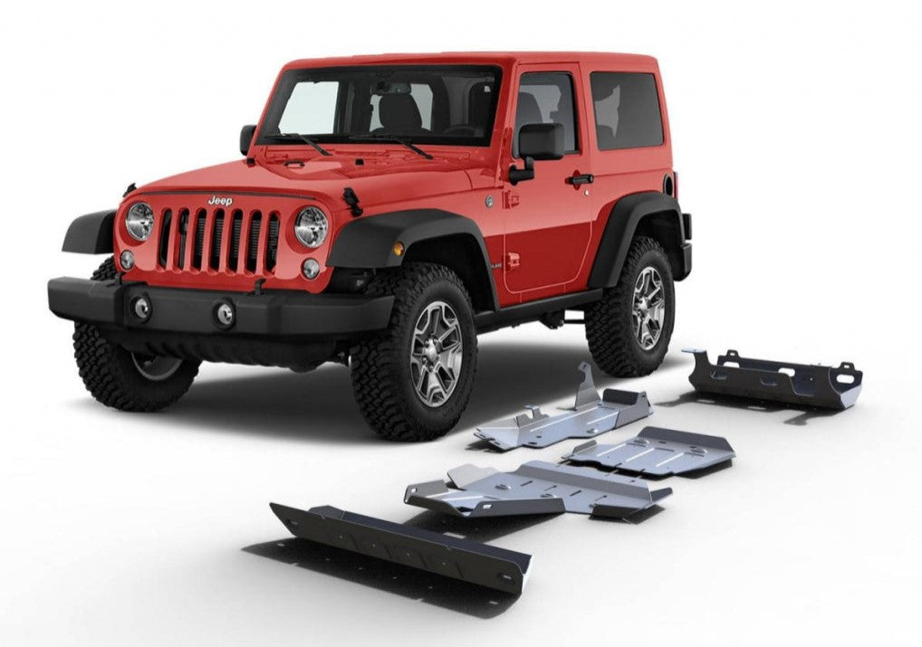 Red Jeep Wrangler with armour plating in front