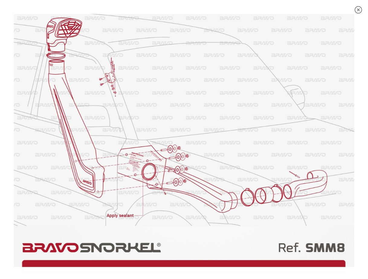 assembly drawing for a snorkel bravo on a Mitsubishi Pajero