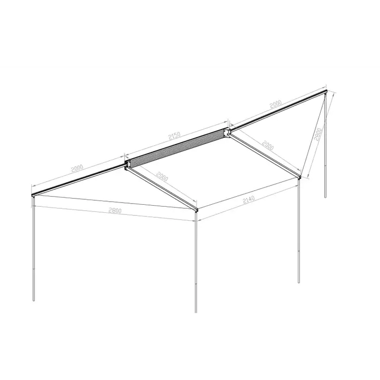 Dimensioned drawing of an unfolded Awning Rockalu  with dimensions