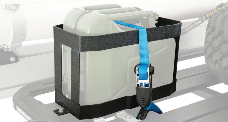 Black Jerrycan holder with jerrycan held by a blue strap