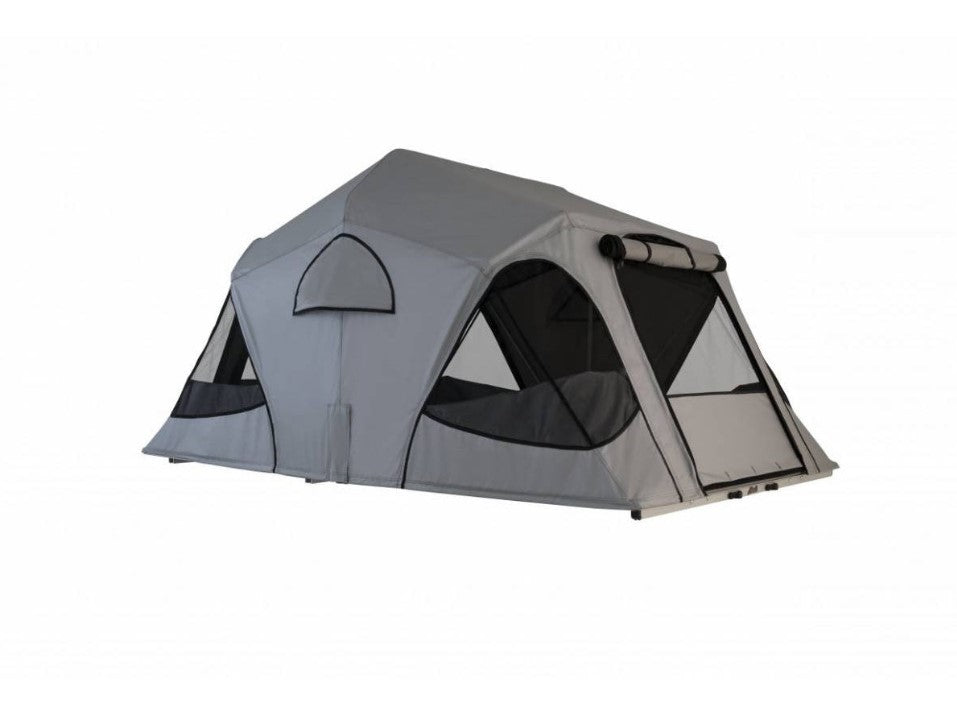 Grey roof tent with open mosquito nets