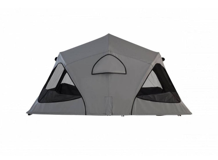 grey roof tent side view with mosquito nets open