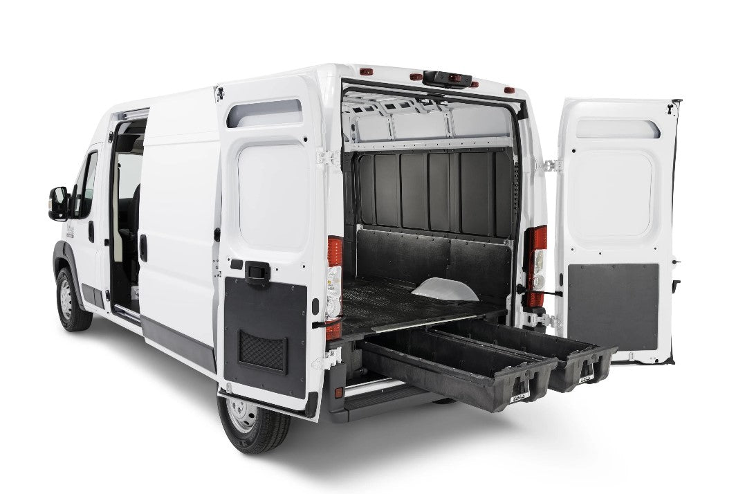 3/4 rear view of a white van with all doors open