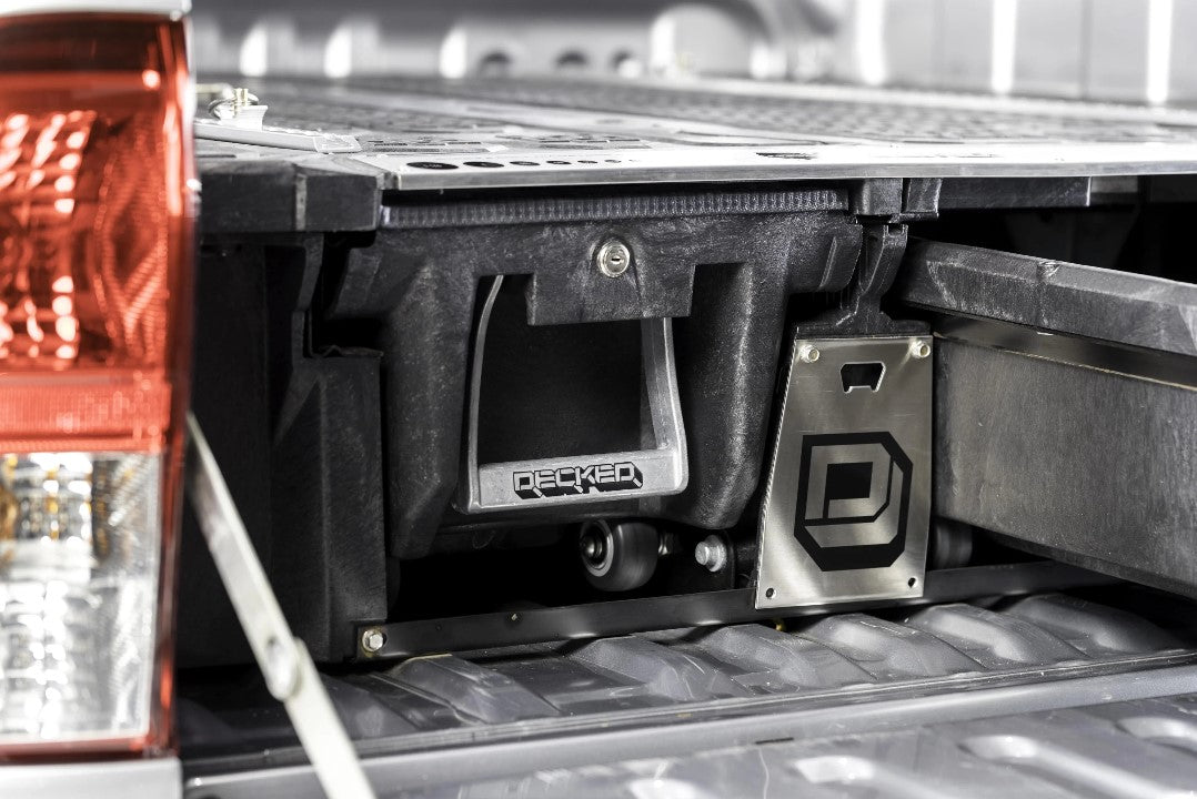 decked drawer installed in a white pick-up Bed Truck