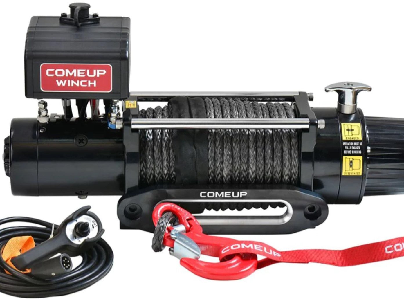 ComeUp synthetic winch with grey rope and wired remote control