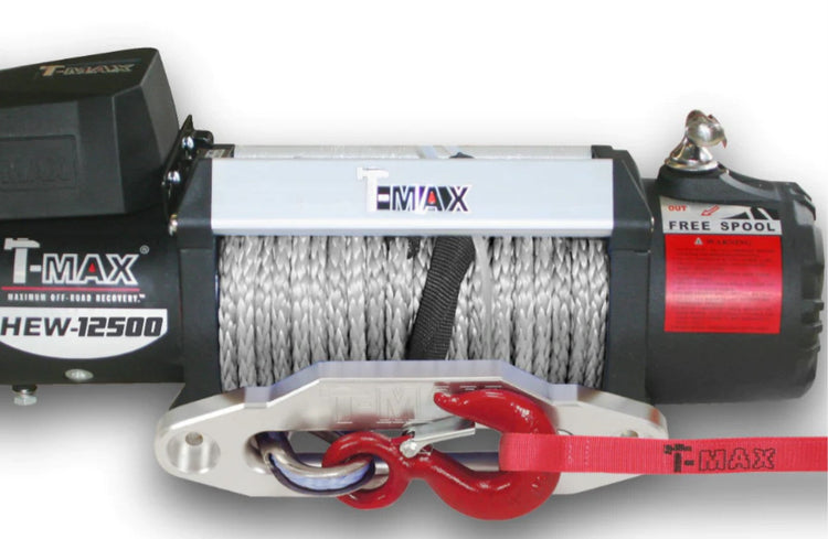 Grey synthetic rope 4x4 T-Max winch with red hook