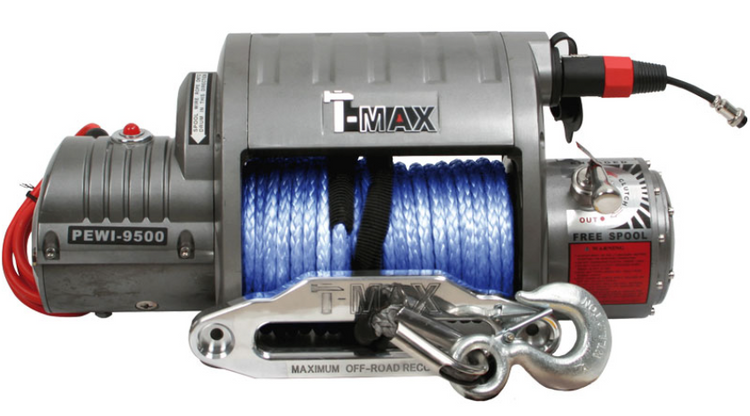 grey t-max winch with blue synthetic rope and grey hook