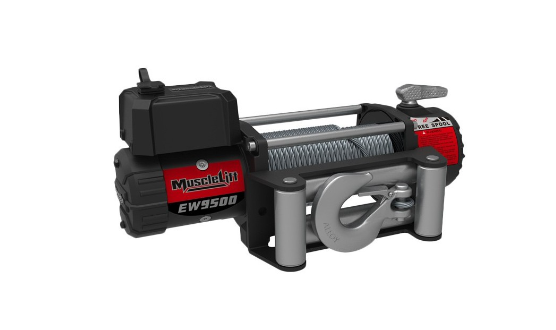t-max muscle winch black and red on white background with hook