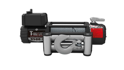 muscle t-max winch black and red on white background with grey hook