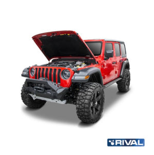 Jeep wrangler JL with its hood supported by a Rival jack