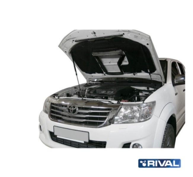 Toyota Hilux Vigo white with hood open and supported by Rival jacks