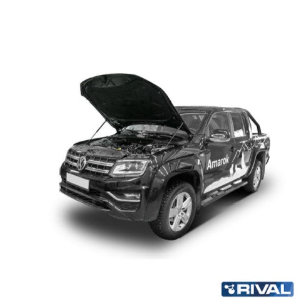 Volkswagen Amarok black with hood supported by a Rival jack