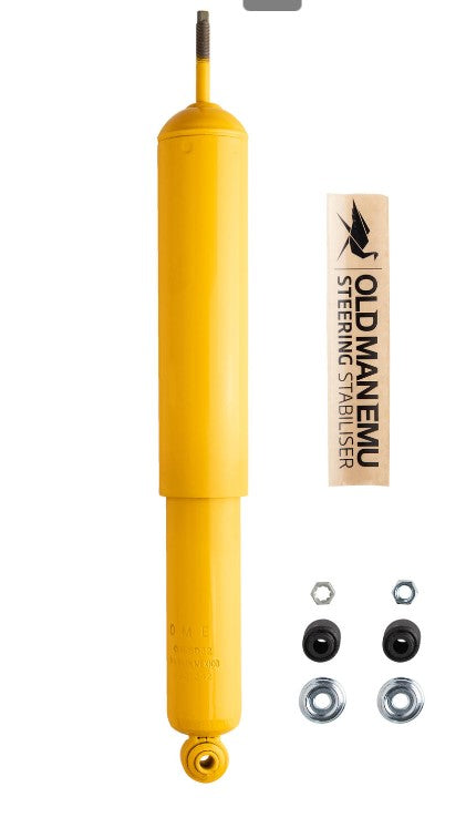 Yellow steering damper with Old Man Emu label