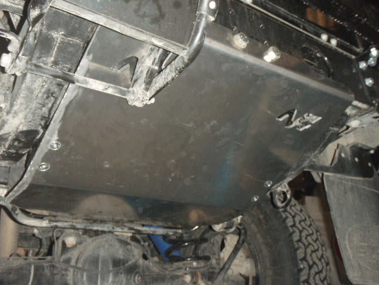 aluminium tank shield mounted on the tank under a vehicle