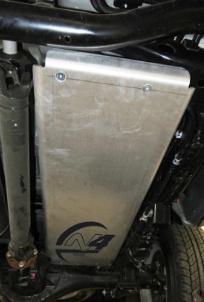 thick aluminium tank protector mounted under a vehicle