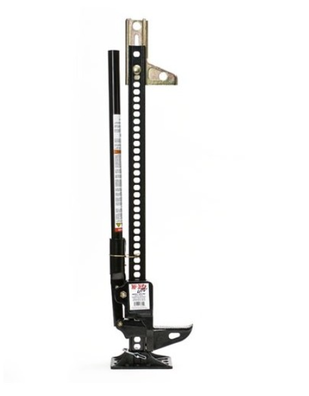 black hi lift jack on white background with holes in the metal part