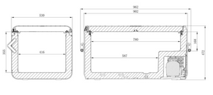 white background drawing of a dometic fridge with dimensions